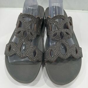 Fitflop Elora Crystal Embellished Cutout Grey Wedge Sandal 9